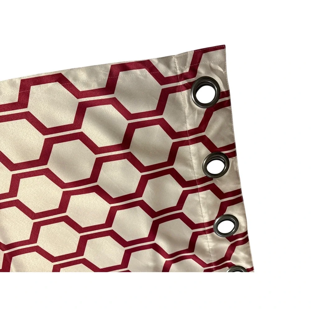 Pair of Tan Red Geo Print Curtains Satin Faux Silk Grommets 2 Panels Drapes 84